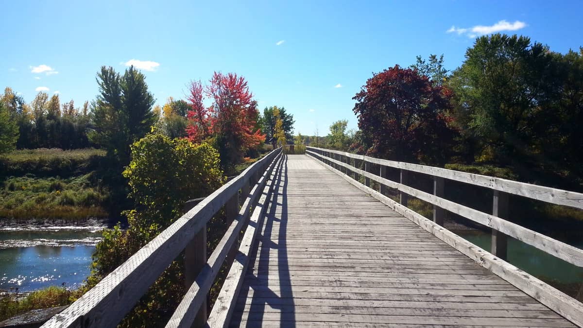 Lange Holzbrücke im Parc national des Îles-de-Boucherville, die einen Fluss überquert, umgeben von grünen und herbstlich gefärbten Bäumen unter einem strahlend blauen Himmel.