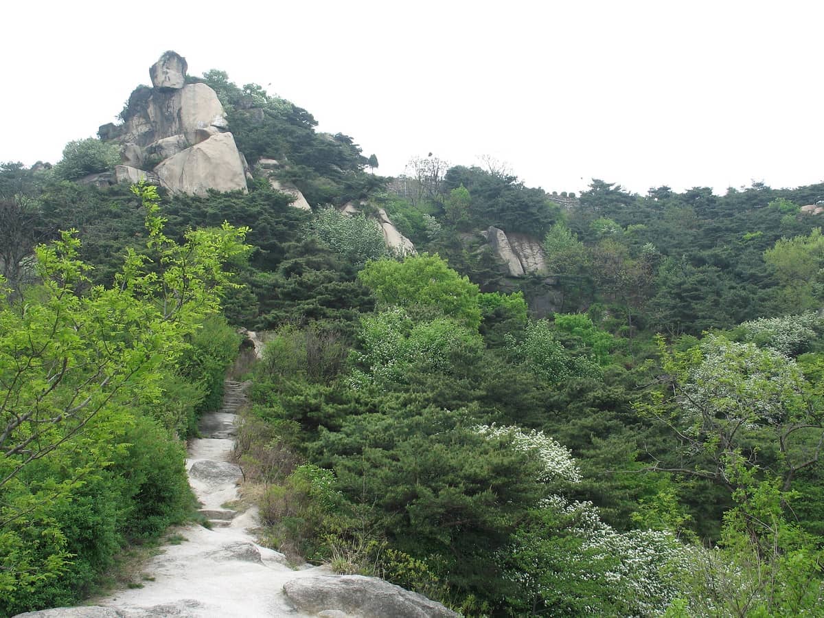 Trilha rochosa que sobe por entre árvores verdes exuberantes em direção ao cume de granito da montanha Inwangsan sob um céu claro e nublado.