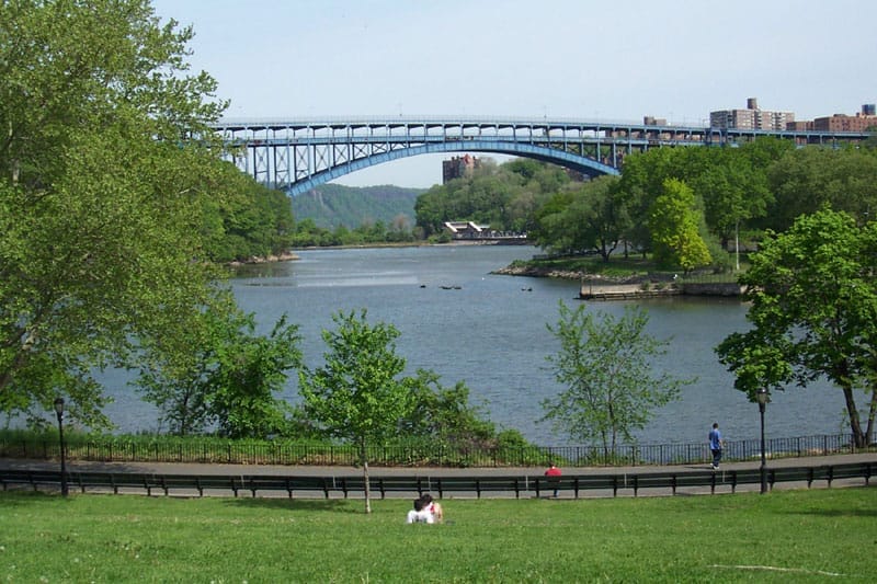 Vista dell'Inwood Hill Park con lussureggianti alberi verdi, il fiume Harlem e un ponte ad arco in acciaio sotto un cielo azzurro limpido.