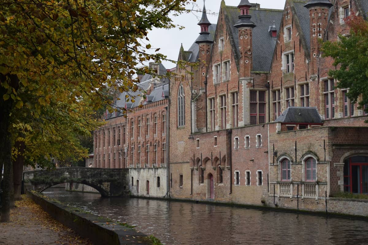 Quiet Bruges canal lined by iconic brick buildings and golden autumn trees, with a small bridge and fallen leaves on the path.