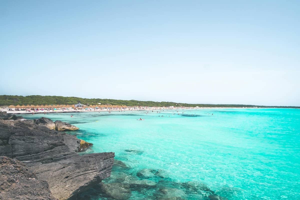 Ampla praia turquesa com água cristalina, primeiro plano rochoso e pessoas tomando banho de sol em uma longa faixa de areia em Mallorca.