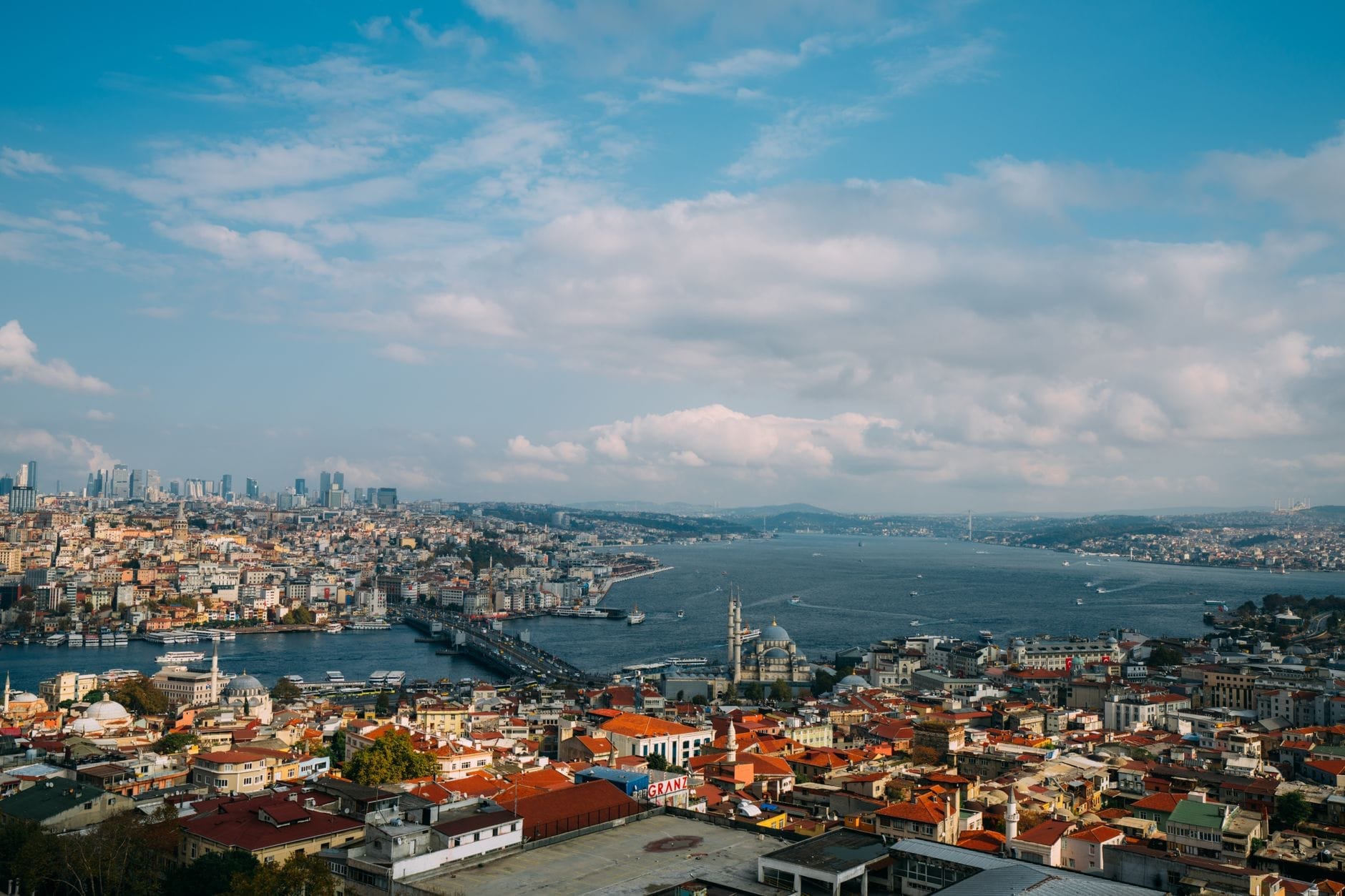 Vista panorâmica ampla do horizonte de Istambul, com o estreito do Bósforo, telhados da cidade, pontes e mesquitas históricas sob um céu azul com nuvens esparsas.