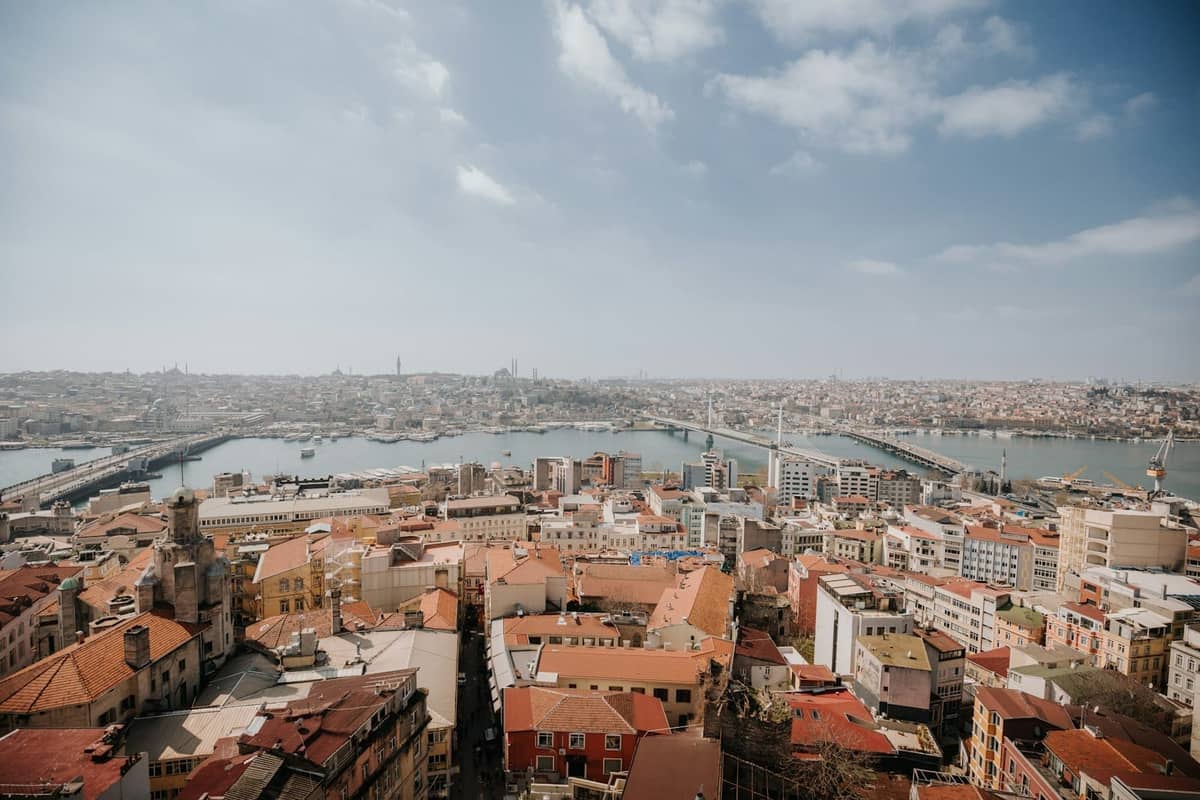 Weites Panorama von Istanbul mit dem Goldenen Horn, Brücken, historischer Skyline und Stadtlandschaft unter teils bewölktem Himmel.