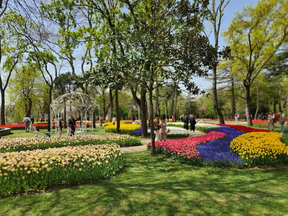 Parterres de tulipes colorés disposés en motifs dans un parc urbain avec des promeneurs et un kiosque blanc, typique du Festival des Tulipes d'Istanbul.