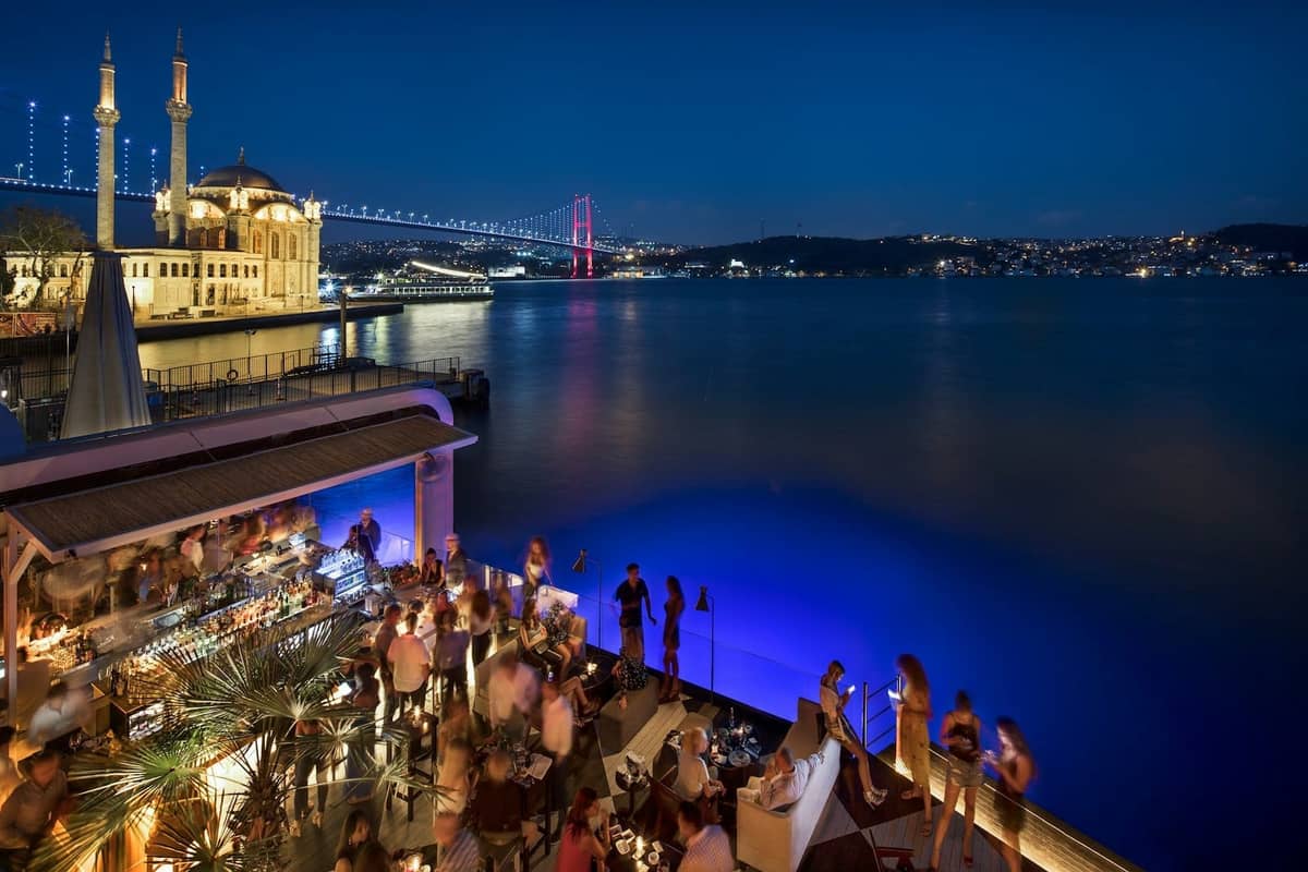 Belebte Dachbar mit Blick auf den Bosporus, lebhaftem Nachtleben, beleuchteter Ortaköy-Moschee und Bosporus-Brücke am Abend, Istanbul.
