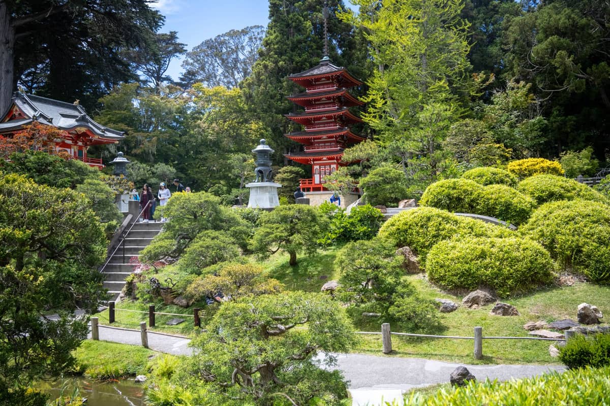 Vista panorámica del Jardín de Té Japonés en Golden Gate Park con una pagoda ornamental, un farol de piedra, exuberante vegetación y visitantes recorriendo los senderos.