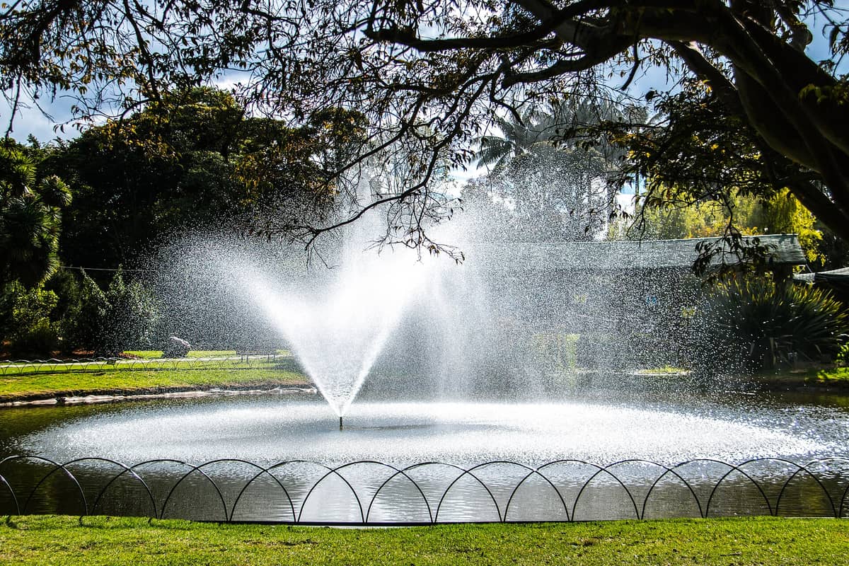 Central fountain spraying water at Jardín Botánico de Bogotá, surrounded by lush greenery and trees in the botanical garden grounds.