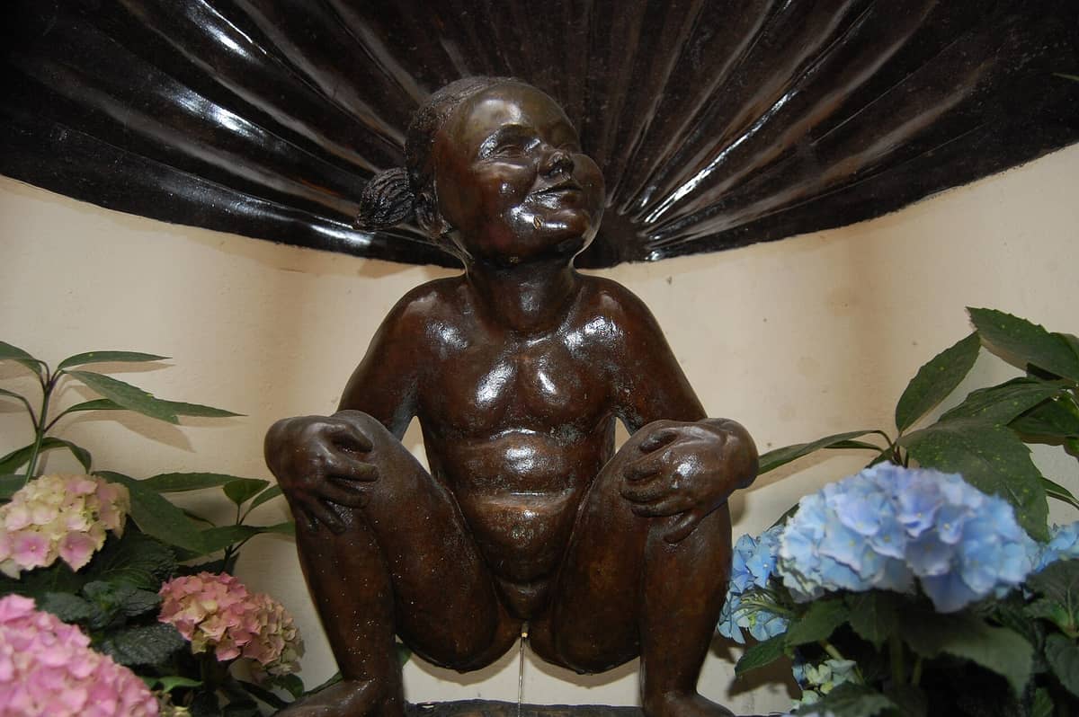 Fonte de bronze Jeanneke Pis representando uma menina agachada com um sorriso travesso, emoldurada por flores e vegetação no beco em Bruxelas.