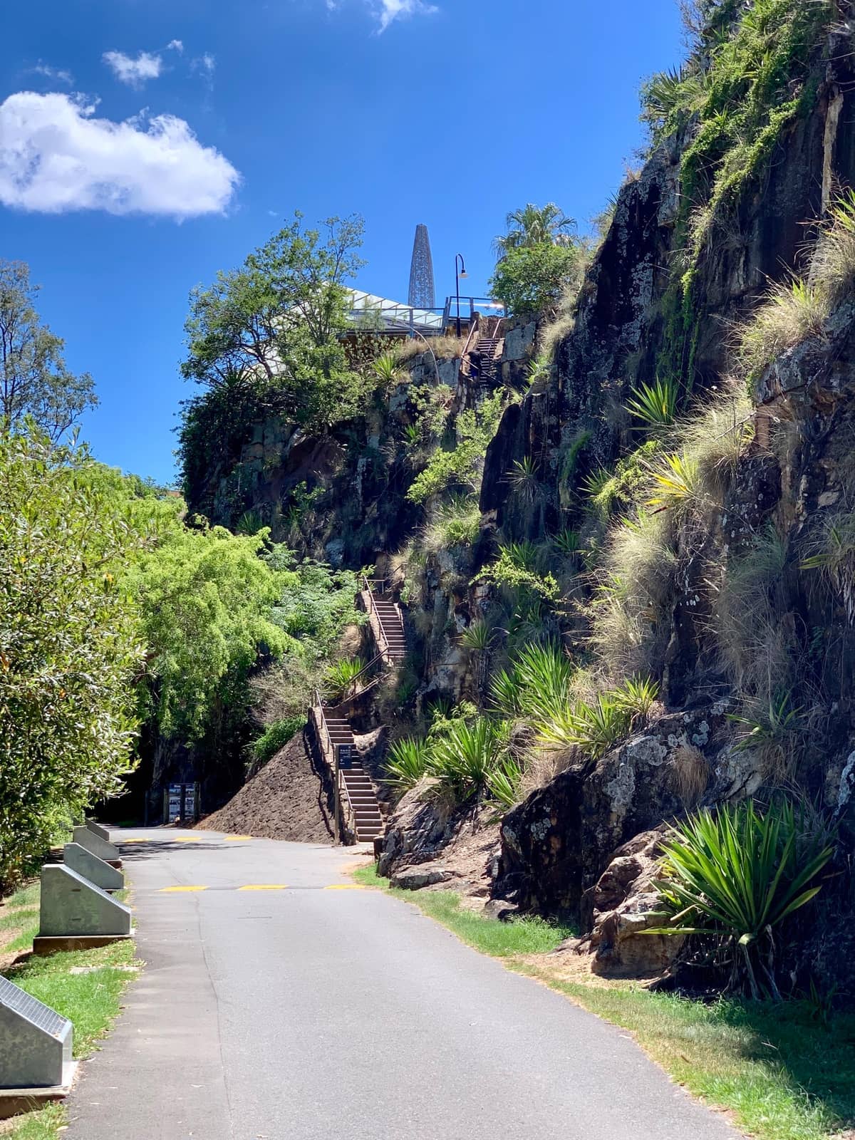 Kangaroo Point Cliffs in Brisbane mit steinernen Stufen, die sich an der rauen Vulkangesteinsface entlangwinden, umgeben von Grün unter einem strahlend blauen Himmel.