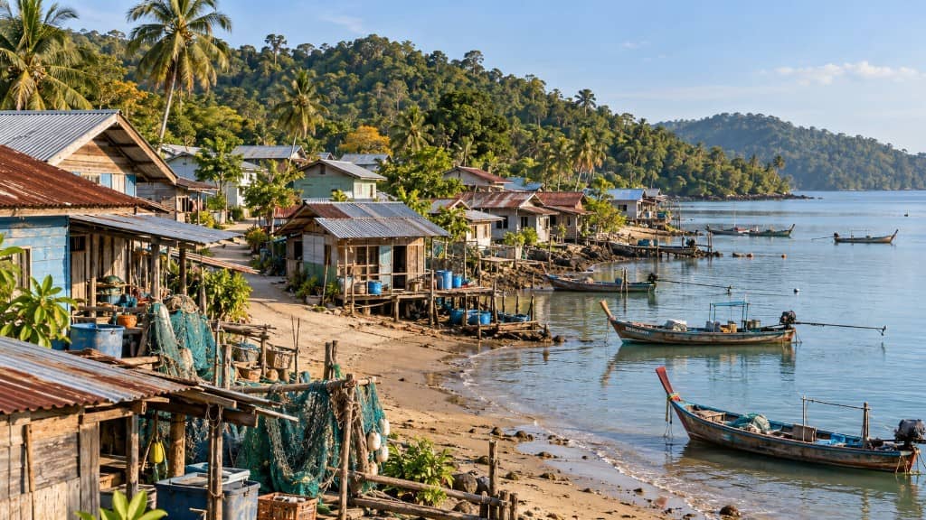 Casas de madera sobre palafitos y barcas longtail en una cala de arena en la aldea gitana del mar de Koh Lanta, con redes de pesca y una colina boscosa al fondo. Representación generada por IA.