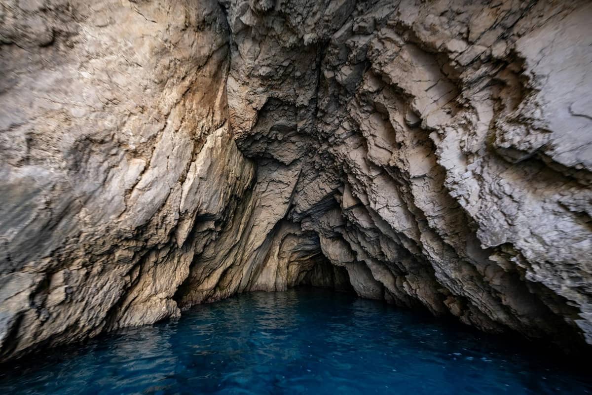 Interior of a coastal cave with rugged beige rock walls and deep blue water, showing the spacious chamber visitors see inside.
