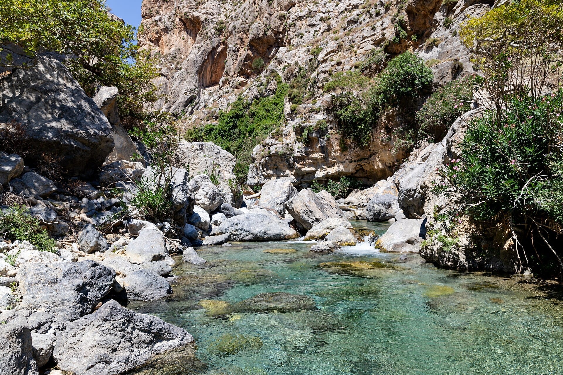 Fiume turchese limpido che scorre tra scogliere rocciose di calcare e vegetazione verde nella Gola di Kourtaliotiko in piena luce diurna.