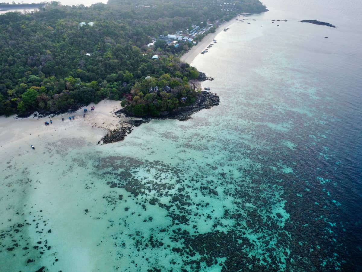 Widok z lotu ptaka na turkusową rafę i piaszczystą plażę przy jednej z wysp Krabi, z wyraźnie widocznymi koralowcami pod wodą i bujną roślinnością na lądzie.