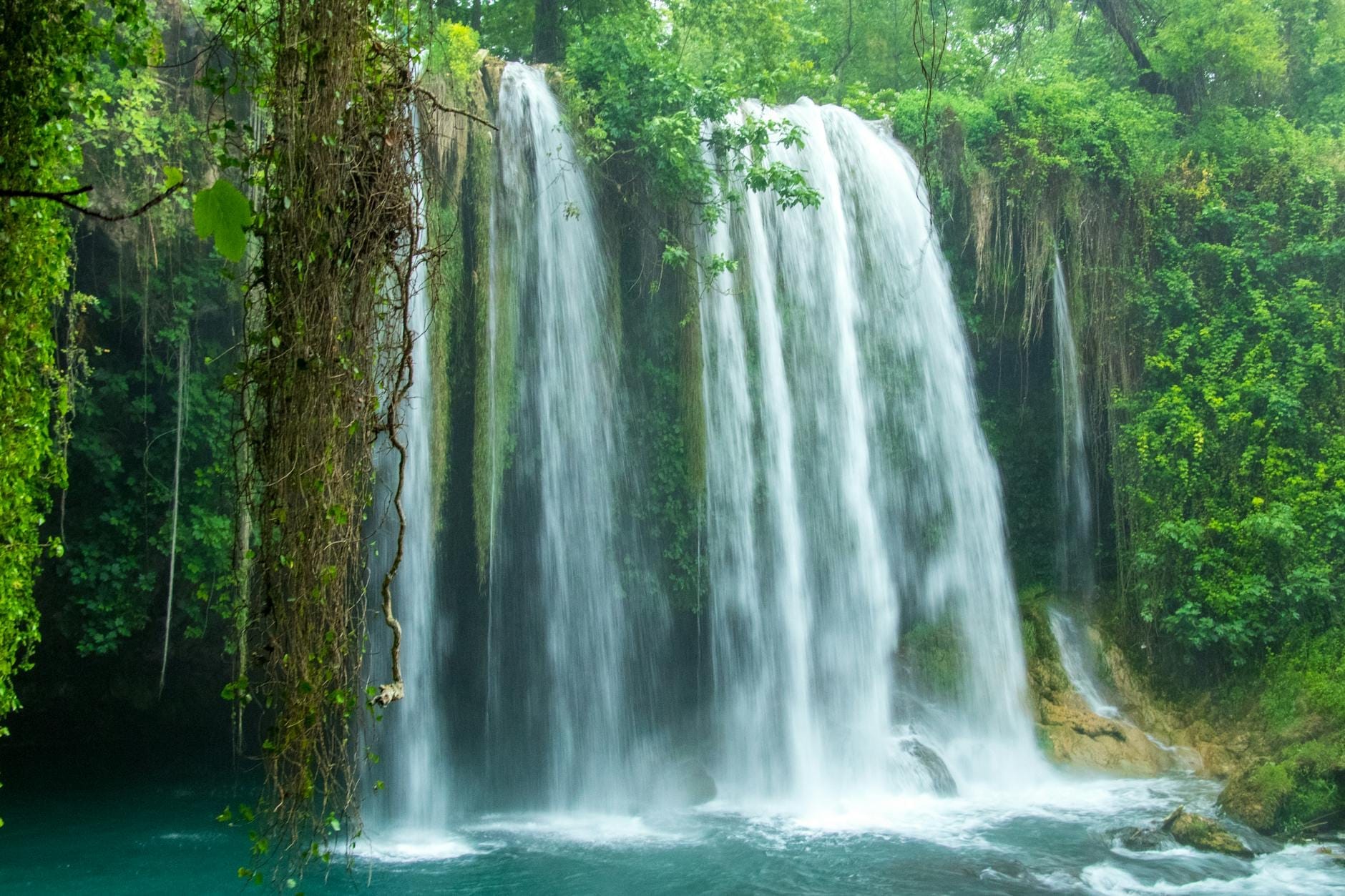 Una rigogliosa foresta verde abbraccia una cascata ampia e fragorosa che si tuffa in laghetti turchesi, mentre la nebbia e la vegetazione lussureggiante creano un'atmosfera fresca e invitante.