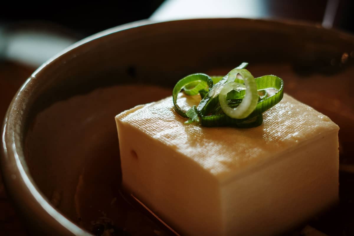 A close-up of yudofu, a Kyoto specialty of simmered tofu garnished with sliced green onions, served in a ceramic bowl.