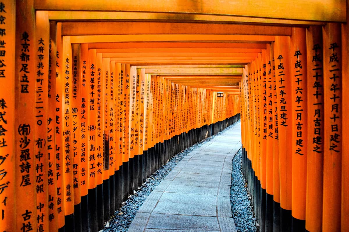 Pathway winding through vibrant orange torii gates with Japanese writing at Fushimi Inari Shrine in Kyoto.