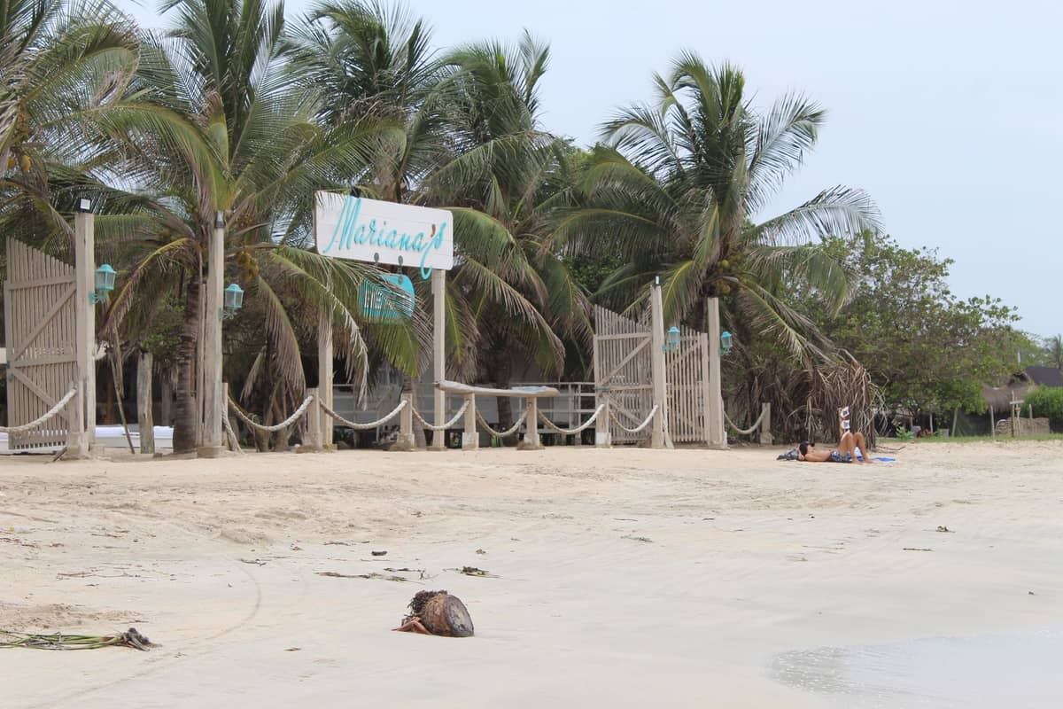 Tranquil sandy beach in La Boquilla with palm trees, simple gate, and a few people relaxing near the water on a peaceful day.