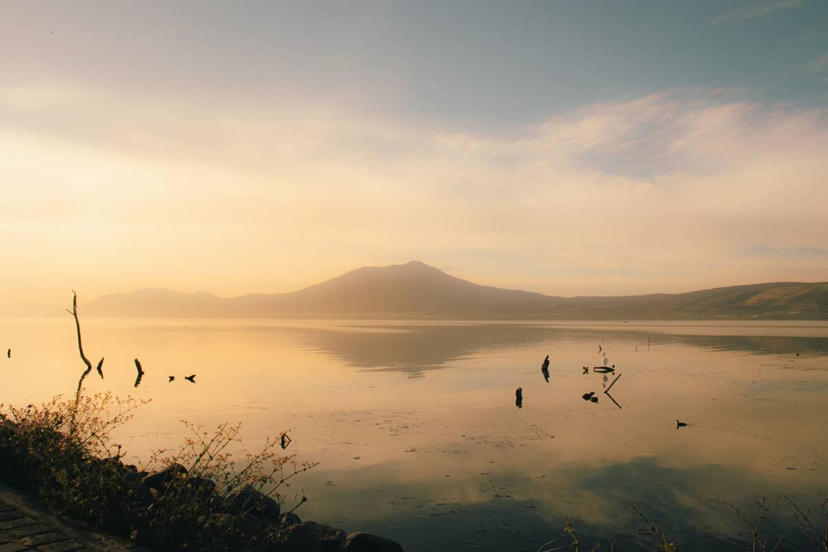 Eine ruhige Seeuferszene mit stillem Wasser, fernen Bergen und sanftem Morgenlicht, wahrscheinlich mit dem Lago de Chapala in der Nähe der Stadt Chapala.