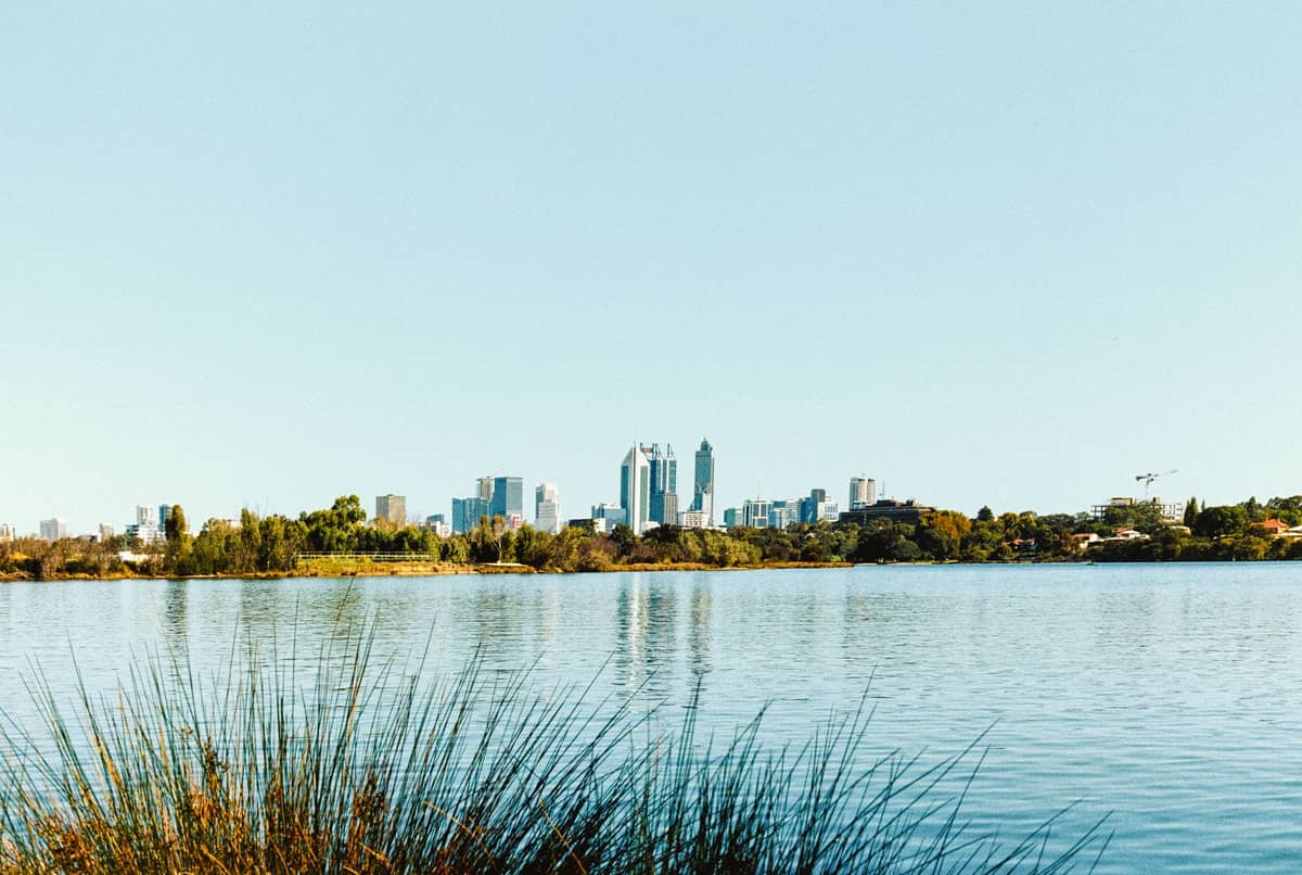 Weitwinkelpanorama des Lake Monger mit einheimischem Schilf im Vordergrund, ruhigem Wasser und der Skyline von Perth in der Ferne unter klarem Himmel.