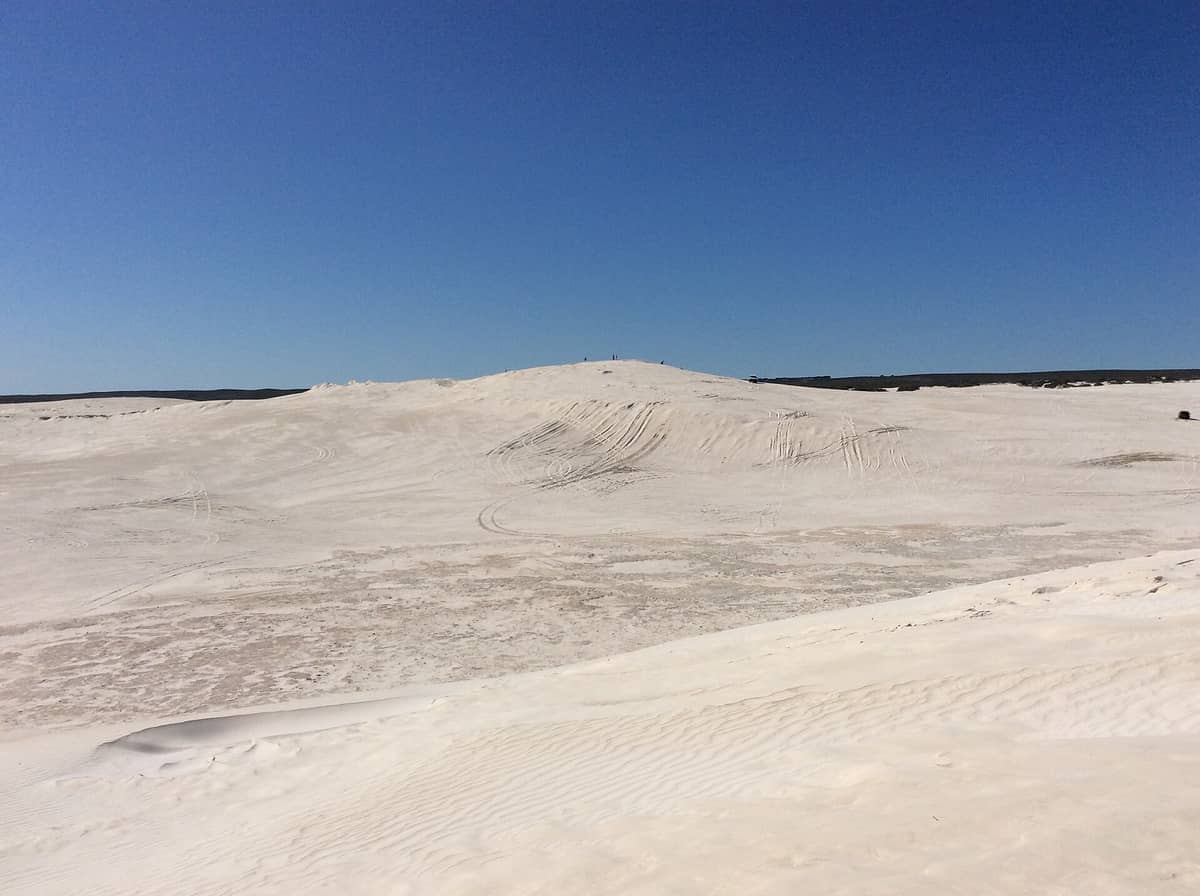 Weitblick auf die Lancelin-Sanddünen unter einem klaren blauen Himmel, mit Reifenspuren und kleinen Figuren auf den sandigen Hängen.