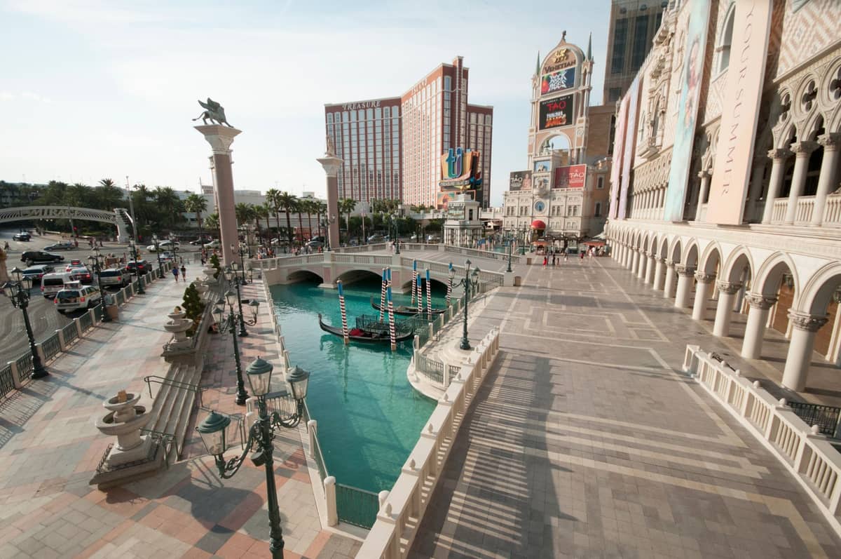 Vista gran angular del exterior del resort The Venetian en Las Vegas con góndolas en el canal azul, puentes y el skyline del Strip al fondo.