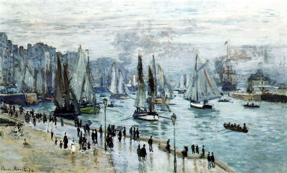 La scena portuale di Claude Monet a Le Havre mostra barche a vela su acque azzurre, edifici della città in lontananza e folle che camminano lungo le banchine.