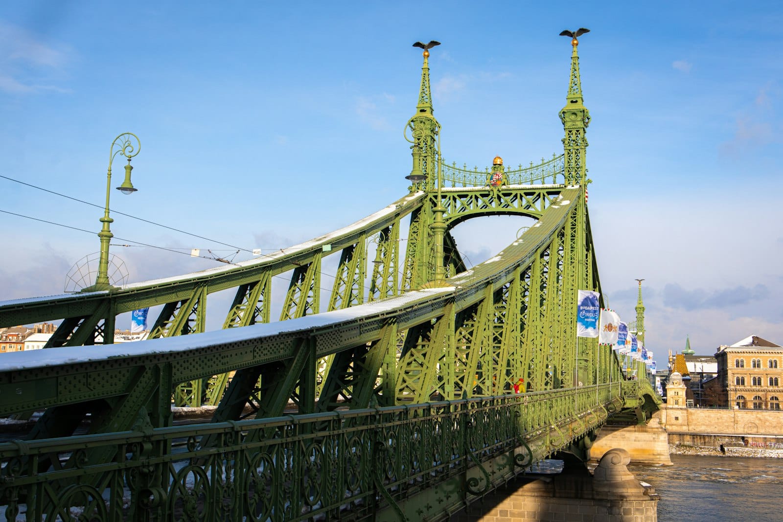 Vista ravvicinata del Ponte della Libertà a Budapest in una giornata di sole, con il verde del ferro Art Nouveau e gli ornamenti a forma di uccello Turul in primo piano.