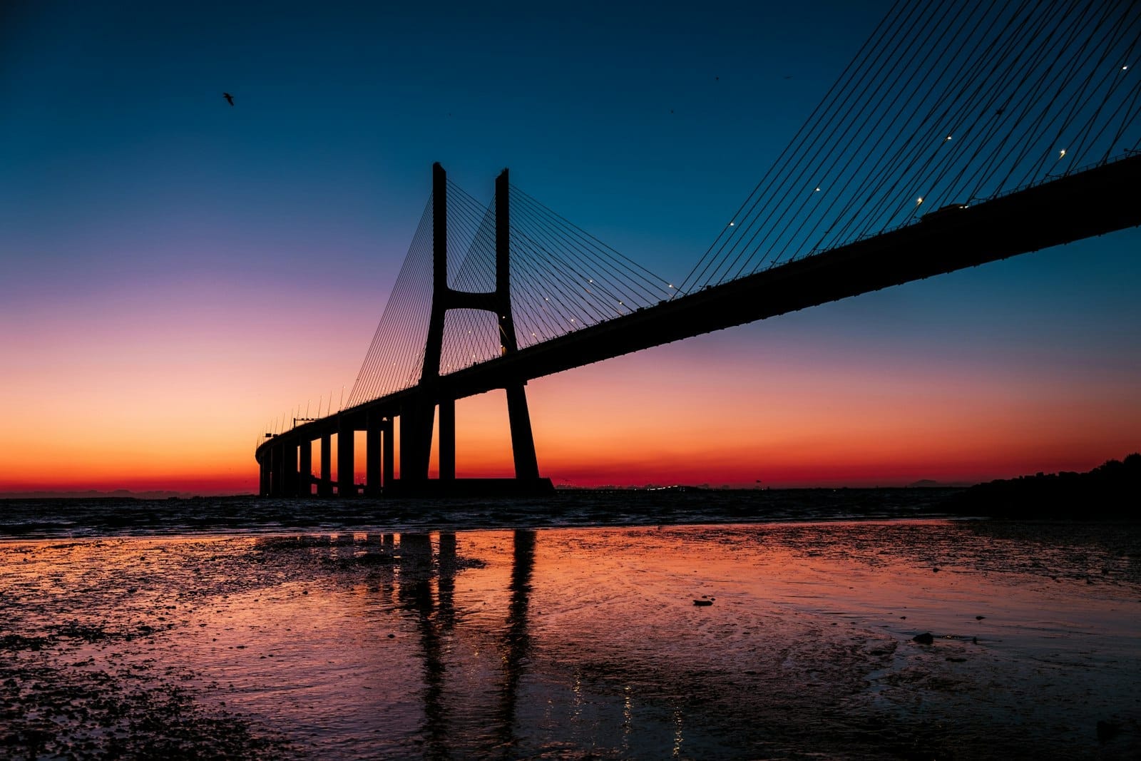Pont Vasco da Gama s'étirant sur le Tage au lever du soleil, avec des silhouettes dramatiques et des reflets sur la rive humide.