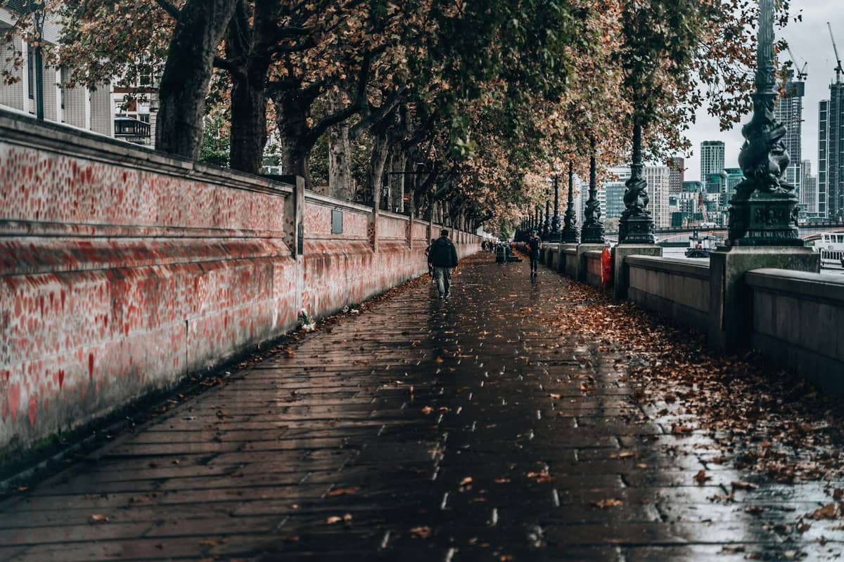 Caminho à beira do rio em Londres com folhas de outono, pessoas a caminhar, bancos e a silhueta da cidade ao longe sob a copa das árvores.