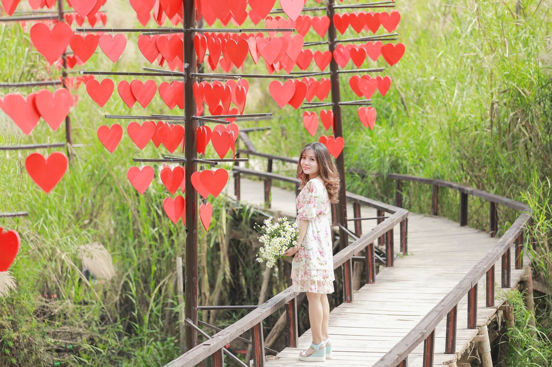 หญิงสาวคนหนึ่งยืนอยู่บน Love Bridge ดานัง ล้อมรอบด้วยของตกแต่งรูปหัวใจสีแดงและหญ้าสีเขียวชอุ่มใต้แสงกลางวันที่อ่อนนุ่ม