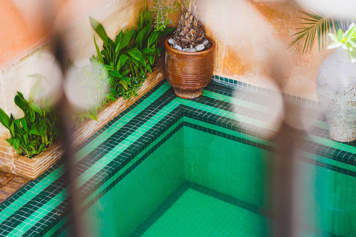 Plunge pool with green tiles and potted plants in the courtyard of a luxury boutique hotel.