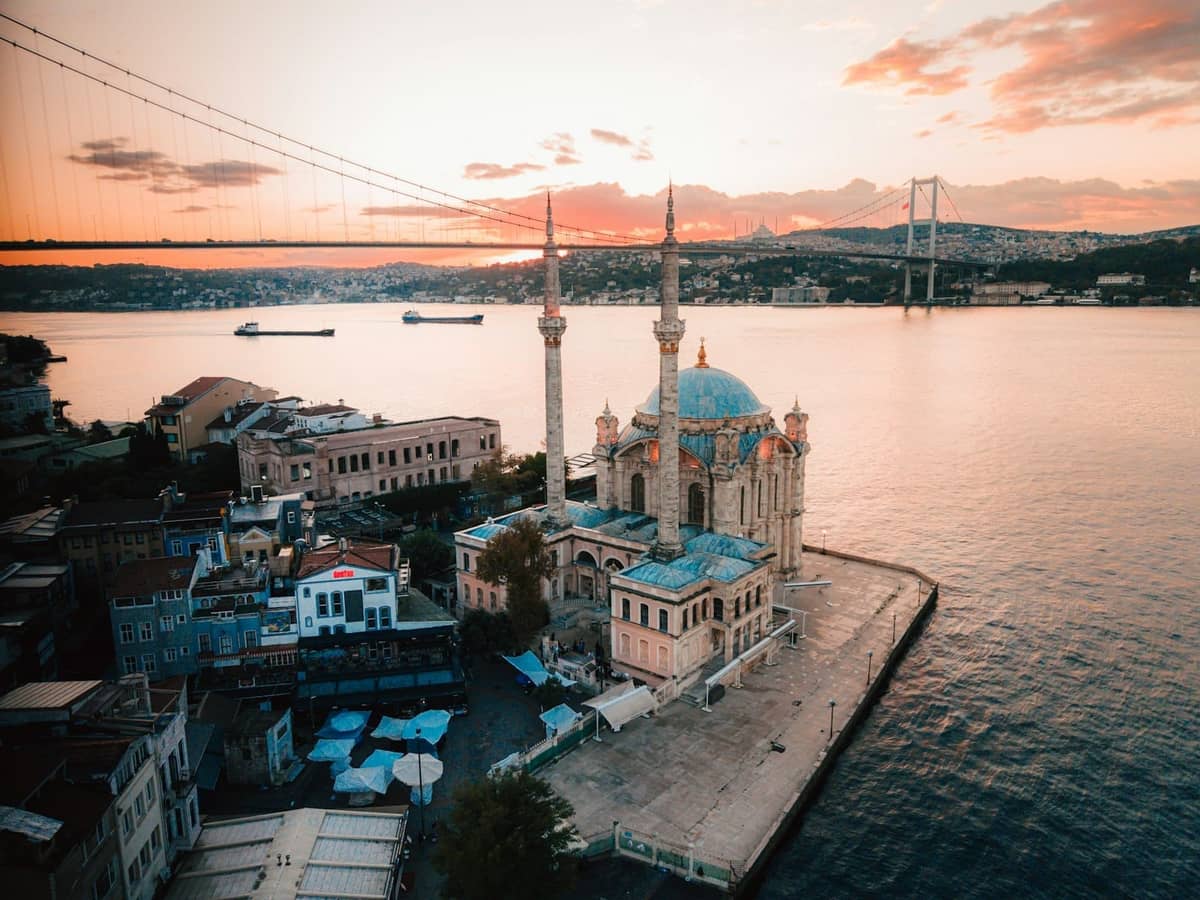Vista aérea de la Mezquita de Ortaköy iluminada por el atardecer, con el Puente del Bósforo y los edificios frente al mar en Estambul, Turquía.