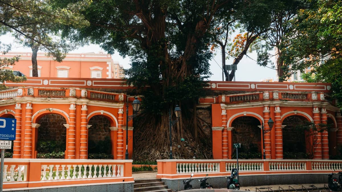 Weitwinkelansicht eines markanten Platzes in Macau mit korallenroten Kolonialbögen und einem alten Baum in der Mitte, der die südliche Halbinsel heraufbeschwört.