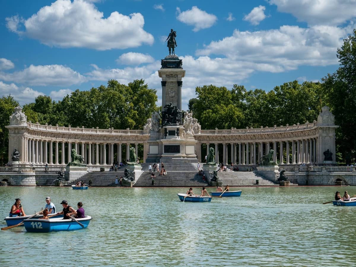 Monumento ad Alfonso XII al lago del Parque del Retiro in una giornata di sole, persone che remano su barche blu, alberi verdi sullo sfondo.