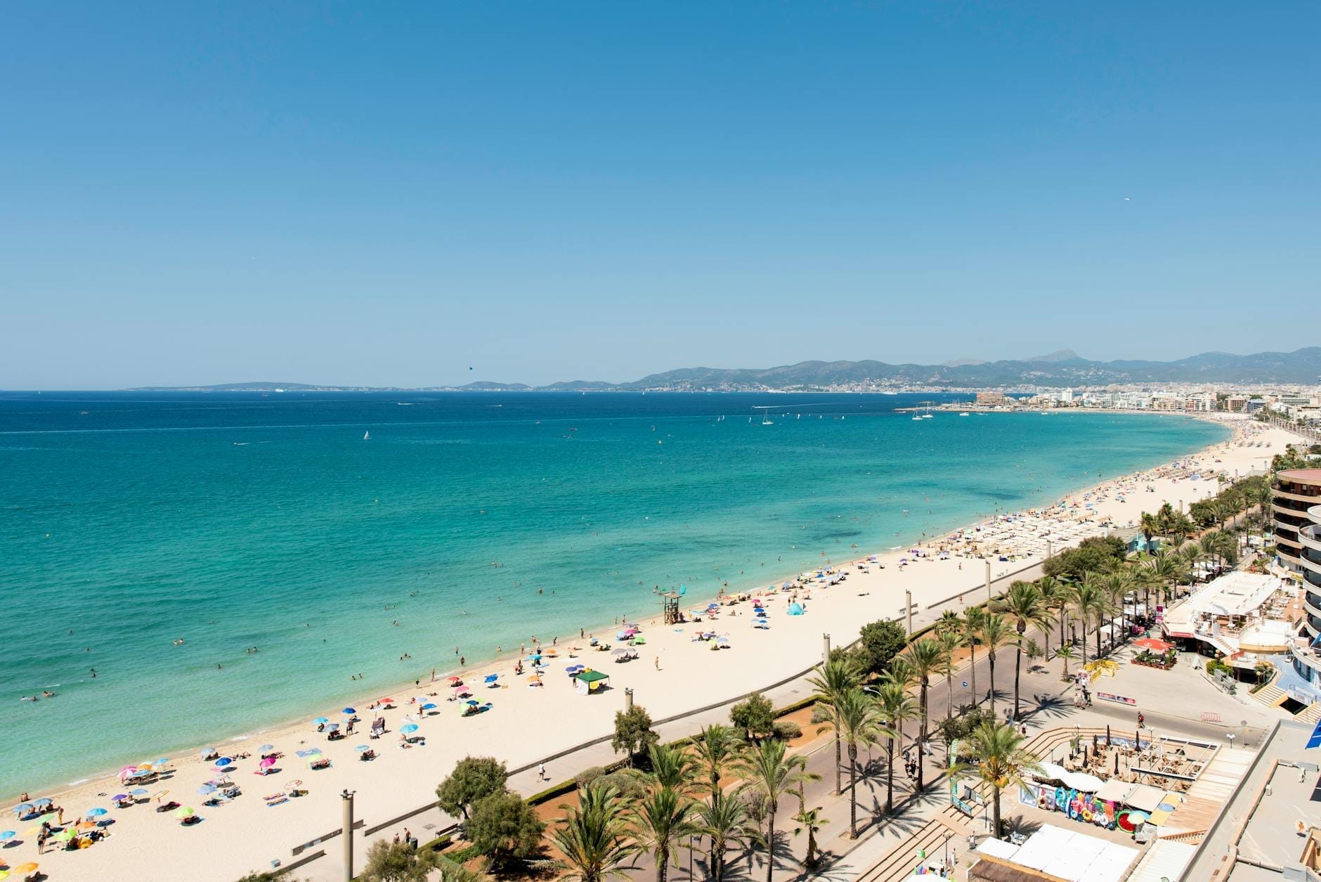 Una vista panoramica ampia sulla lunga spiaggia sabbiosa di Magaluf e sul mare turchese, con bagnanti, ombrelloni, palme e la città che si estende lungo la riva in una giornata serena.