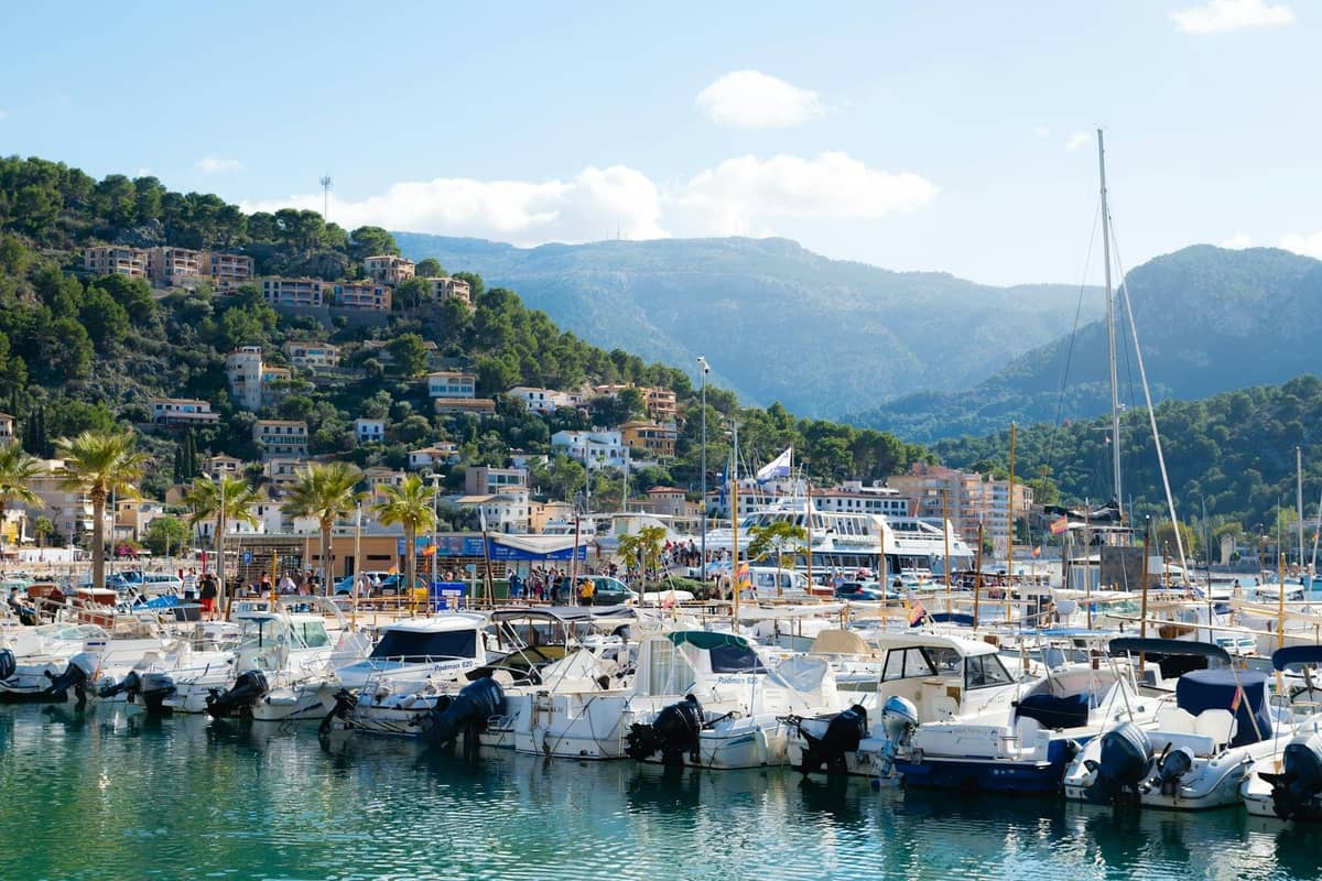 Puerto deportivo en Mallorca con numerosos barcos atracados, edificios en la ladera, montañas al fondo y un cielo azul despejado.