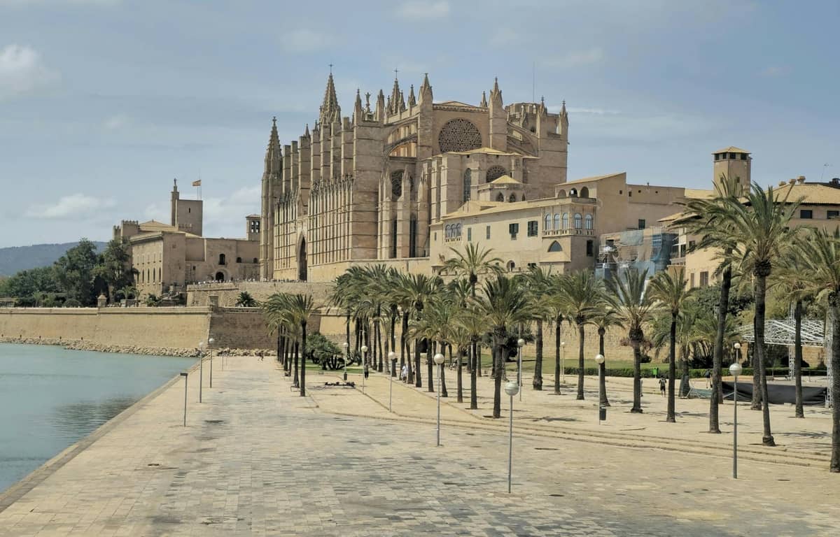Đại lộ rộng lớn phía trước Nhà thờ Palma ở Mallorca gần như không có người, được bao quanh bởi cây cọ và các tòa nhà lịch sử dưới bầu trời nhiều mây.
