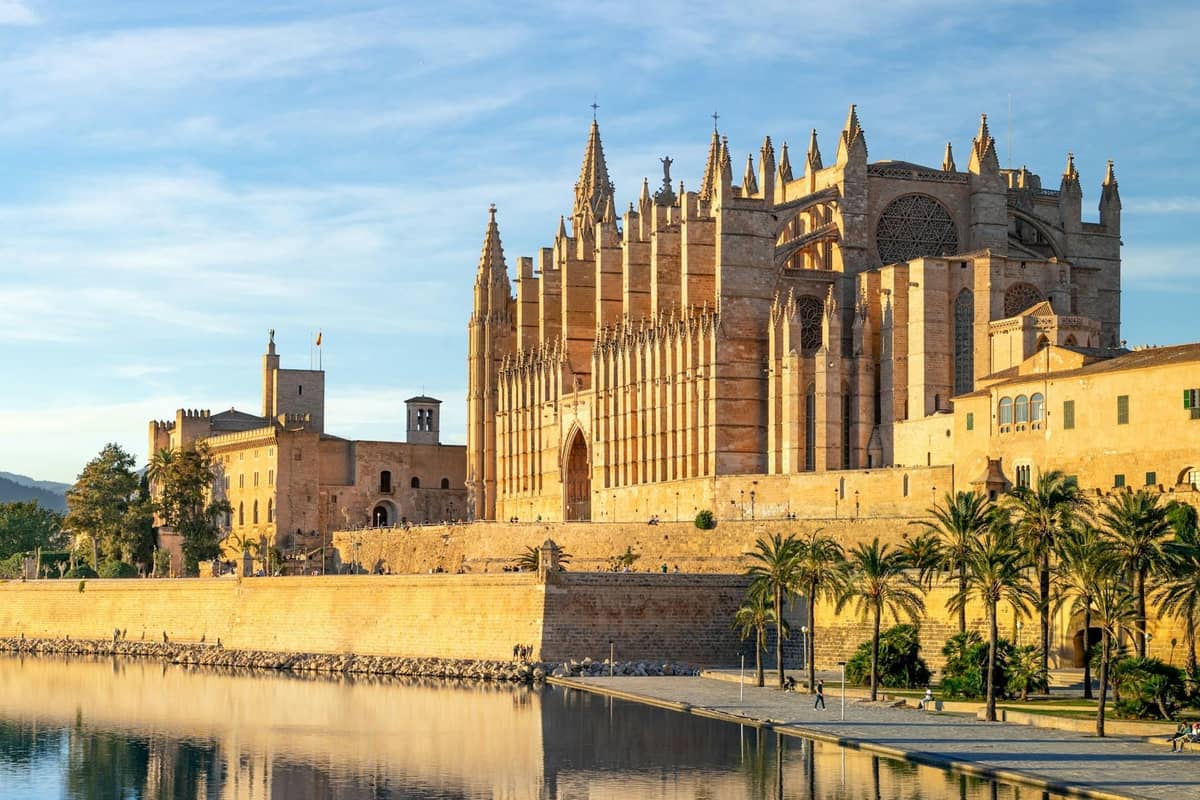 La cattedrale La Seu a Palma de Mallorca immersa nella luce del mattino, riflessa nell'acqua con palme lungo il lungomare.