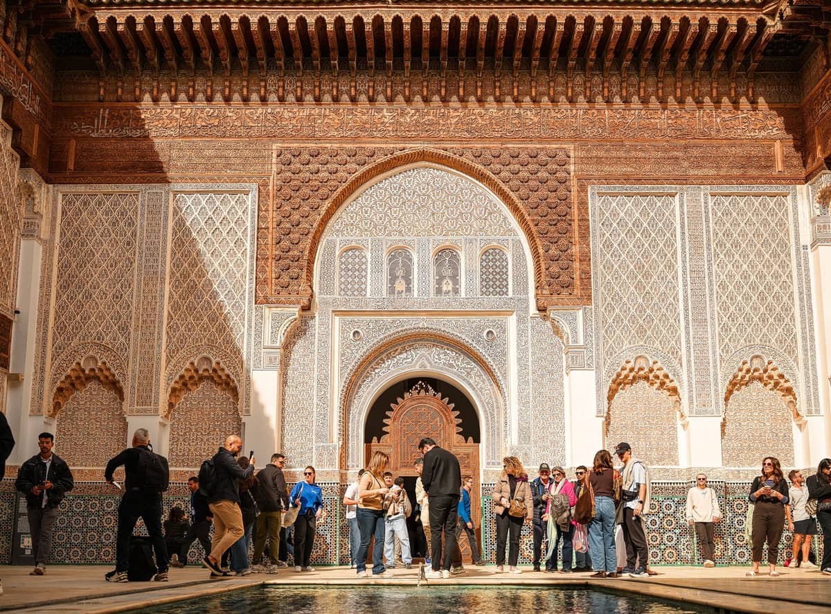 กลุ่มนักท่องเที่ยวยืนล้อมรอบลานกลางและสระสะท้อนแสงของ Ben Youssef Madrasa ซึ่งล้อมรอบด้วยกระเบื้องโมร็อกโกที่วิจิตรงดงามและโค้งปูนปั้นแกะสลัก
