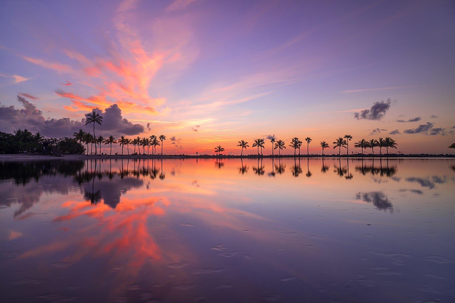 Vista della spiaggia del Matheson Hammock Park al tramonto con palme riflesse in acque calme e basse sotto un vivace cielo viola e arancione.