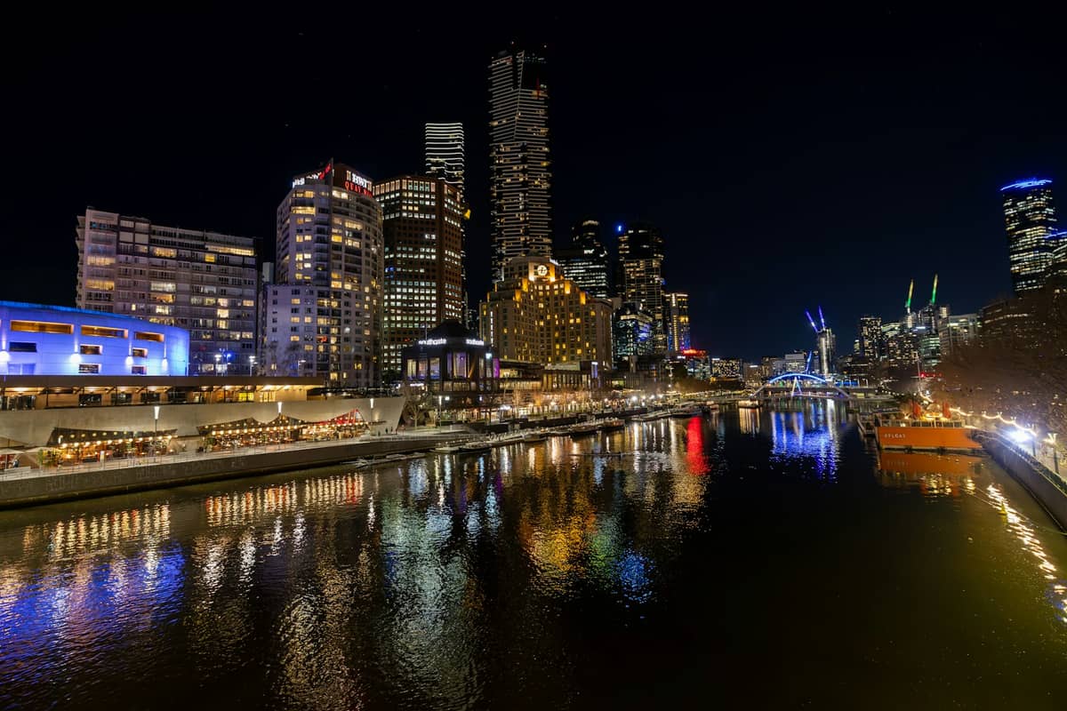 Southbank Melbourne at night with illuminated riverside restaurants, high-rise buildings, and vibrant reflections on the Yarra River.
