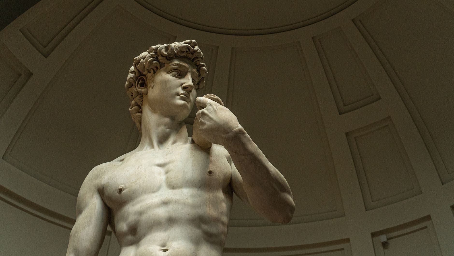 รูปปั้นเดวิดจากหินอ่อนของ Michelangelo ใน Galleria dell'Accademia เมืองฟลอเรนซ์ มุมมองจากด้านล่าง เห็นฝ้าโดมและรายละเอียดโถงด้านหลัง