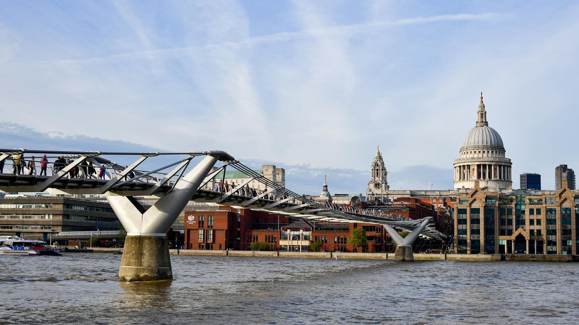 Il Millennium Bridge di Londra attraversa il Tamigi con i pedoni in cammino; sullo sfondo, sotto un cielo blu, si stagliano chiaramente la Cattedrale di St Paul e gli edifici della città.