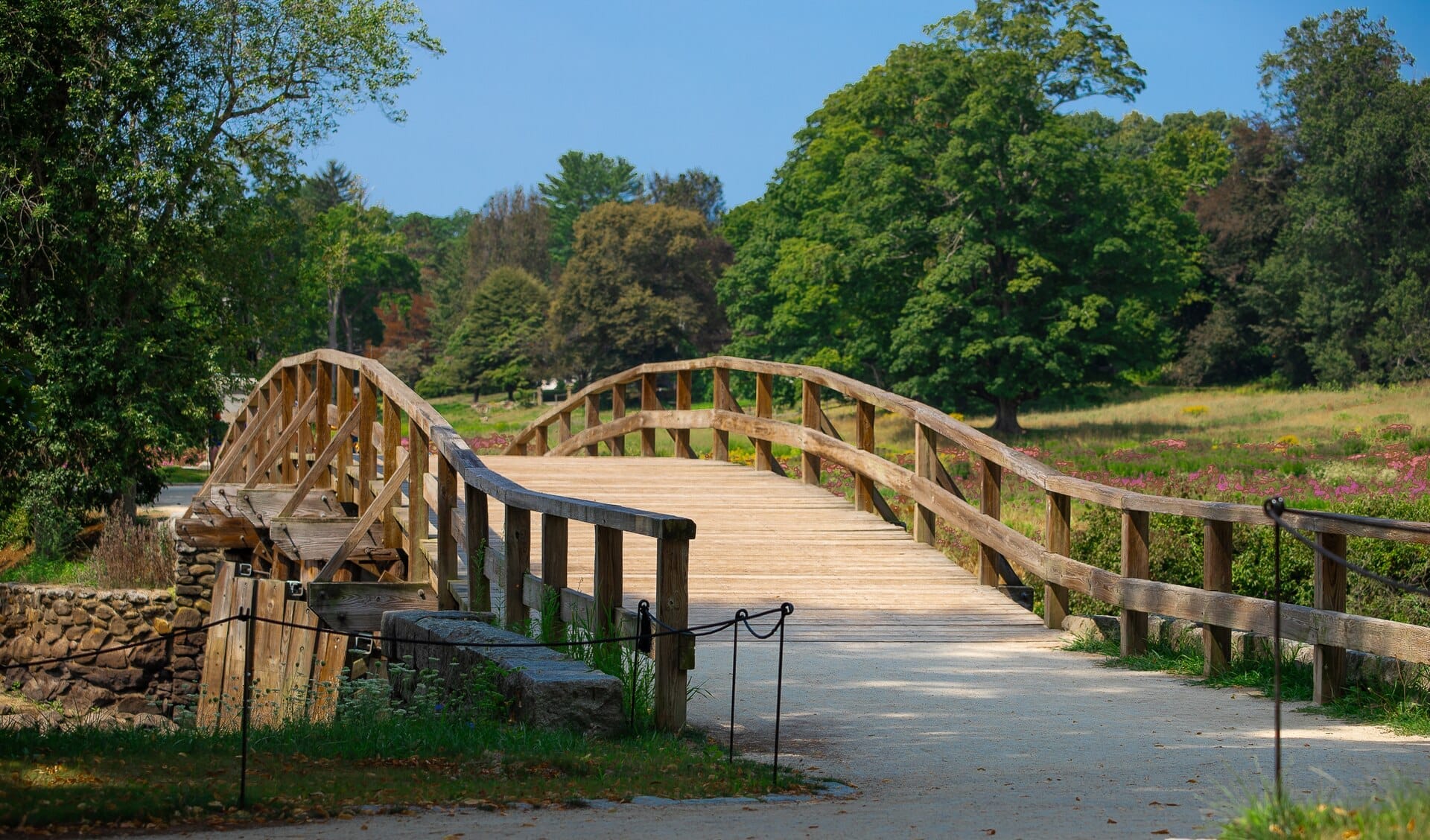 Lo storico ponte in legno North Bridge al Minute Man National Historical Park, circondato da alberi verdi e fiori selvatici sotto un cielo azzurro luminoso.