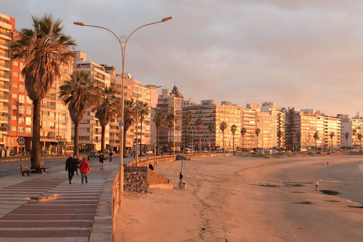 ผู้คนเดินเล่นบริเวณเส้นทางเดินริมน้ำ Rambla ของ Montevideo ยามพระอาทิตย์ตก พร้อมด้วยชายหาด ต้นปาล์ม และอาคารอพาร์ตเมนต์ริมชายฝั่ง