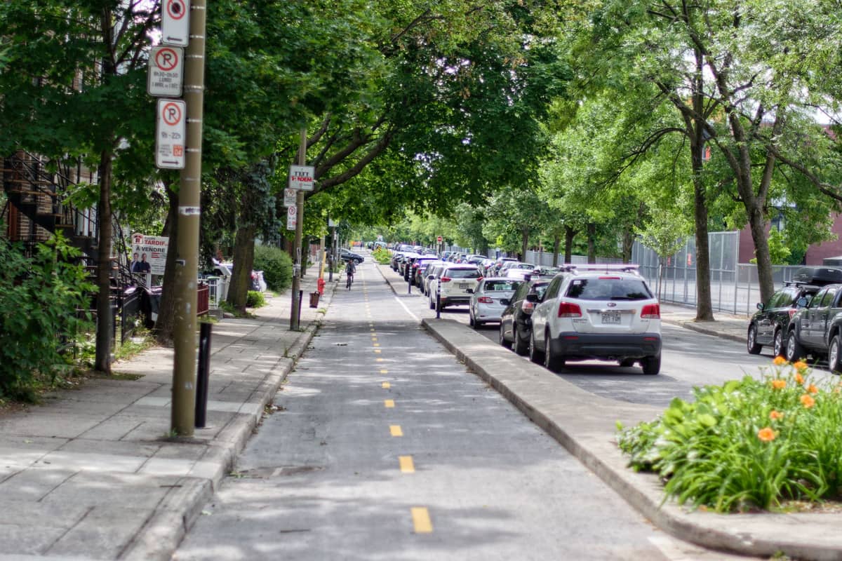 ถนนย่านที่พักอาศัยในมอนทรีออลพร้อมเลนจักรยานแยกเฉพาะ รถยนต์จอดริมทาง และต้นไม้เขียวขจีในฤดูร้อน แสดงให้เห็นโครงสร้างพื้นฐานการปั่นจักรยานในท้องถิ่นที่เป็นเอกลักษณ์
