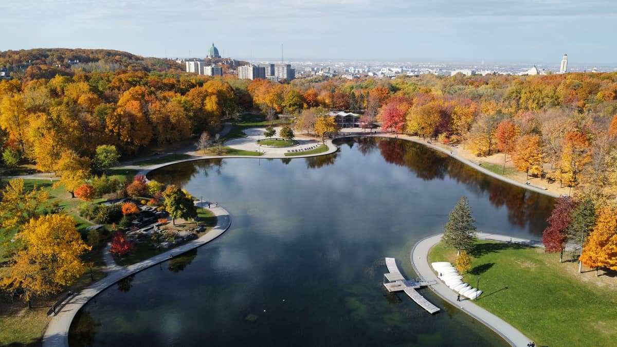 Luftaufnahme des Bibersees auf dem Mont Royal, umgeben von Herbstbäumen – eine ruhige Seite Montreals abseits der Innenstadt.