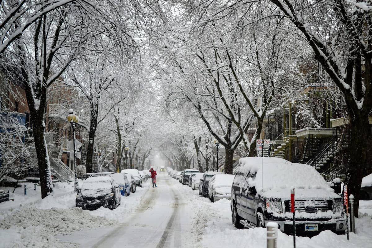 ถนนในย่านที่พักอาศัยของ Montreal ที่ปกคลุมด้วยหิมะ มีรถจอดและต้นไม้ มีคนสวมชุดสีแดงกำลังเดิน และมีหิมะหนาบนพื้นดินและกิ่งไม้