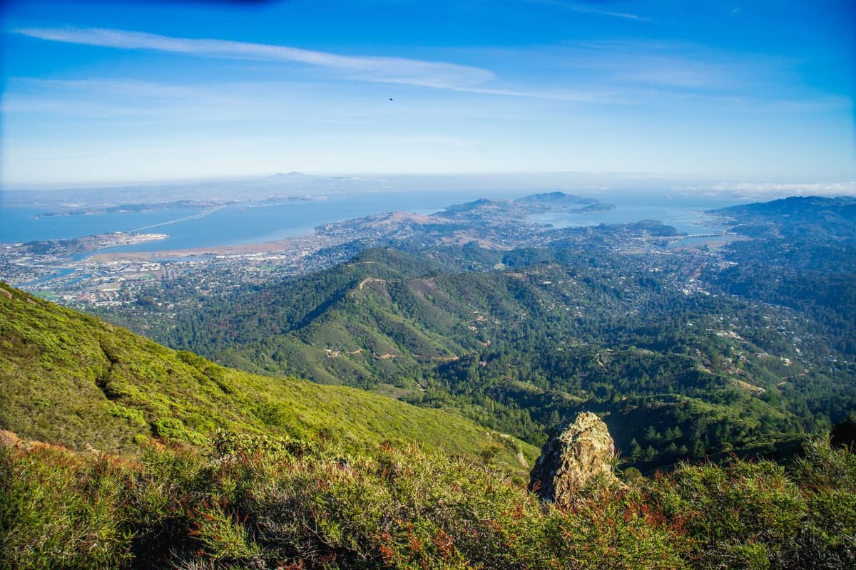 Vista panorámica desde el Parque Estatal Monte Tamalpais con exuberantes colinas verdes en primer plano y la bahía de San Francisco con el horizonte de la ciudad al fondo.