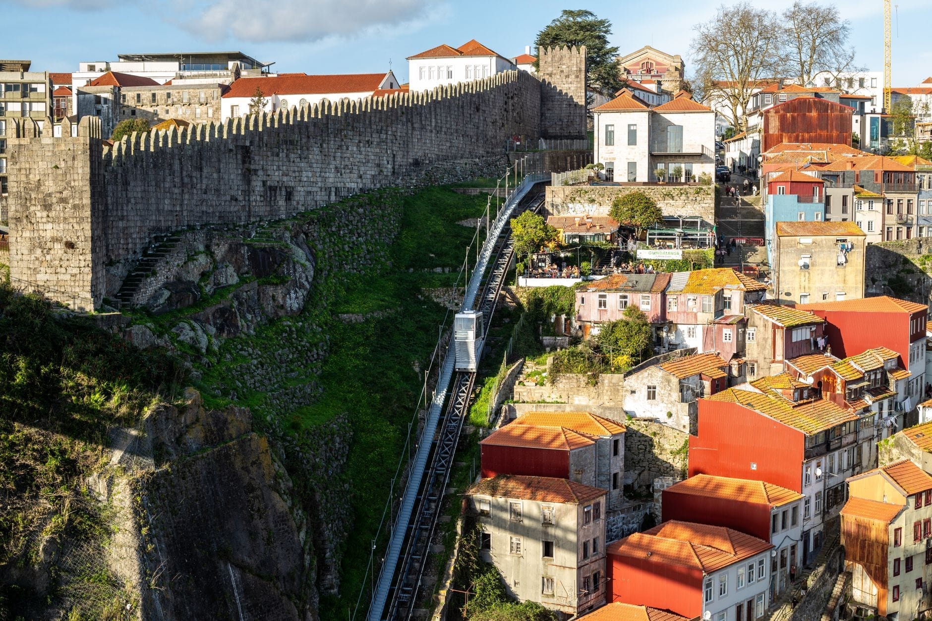 I merli in pietra della Muralha Fernandina che corrono lungo un ripido colle sopra le case colorate di Porto, con la funicolare e il cielo azzurro sullo sfondo.